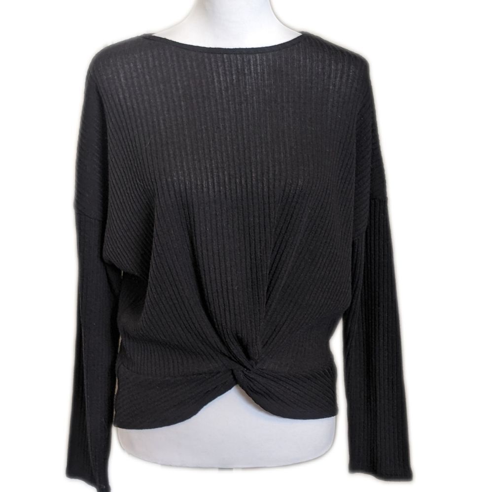 Hyfve ribbed lightweight sweater with twist knot front hem, black, L